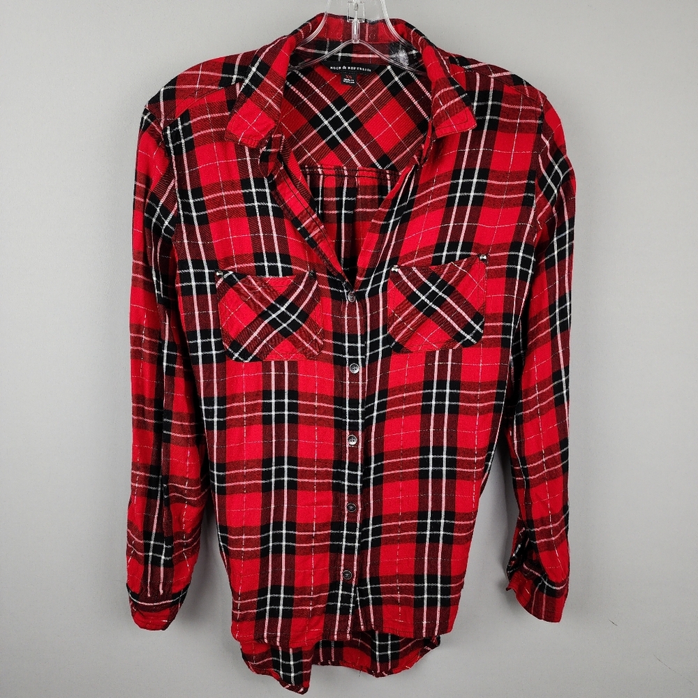 Rock & Republic Red Plaid Shirt Button-Up Sz XS